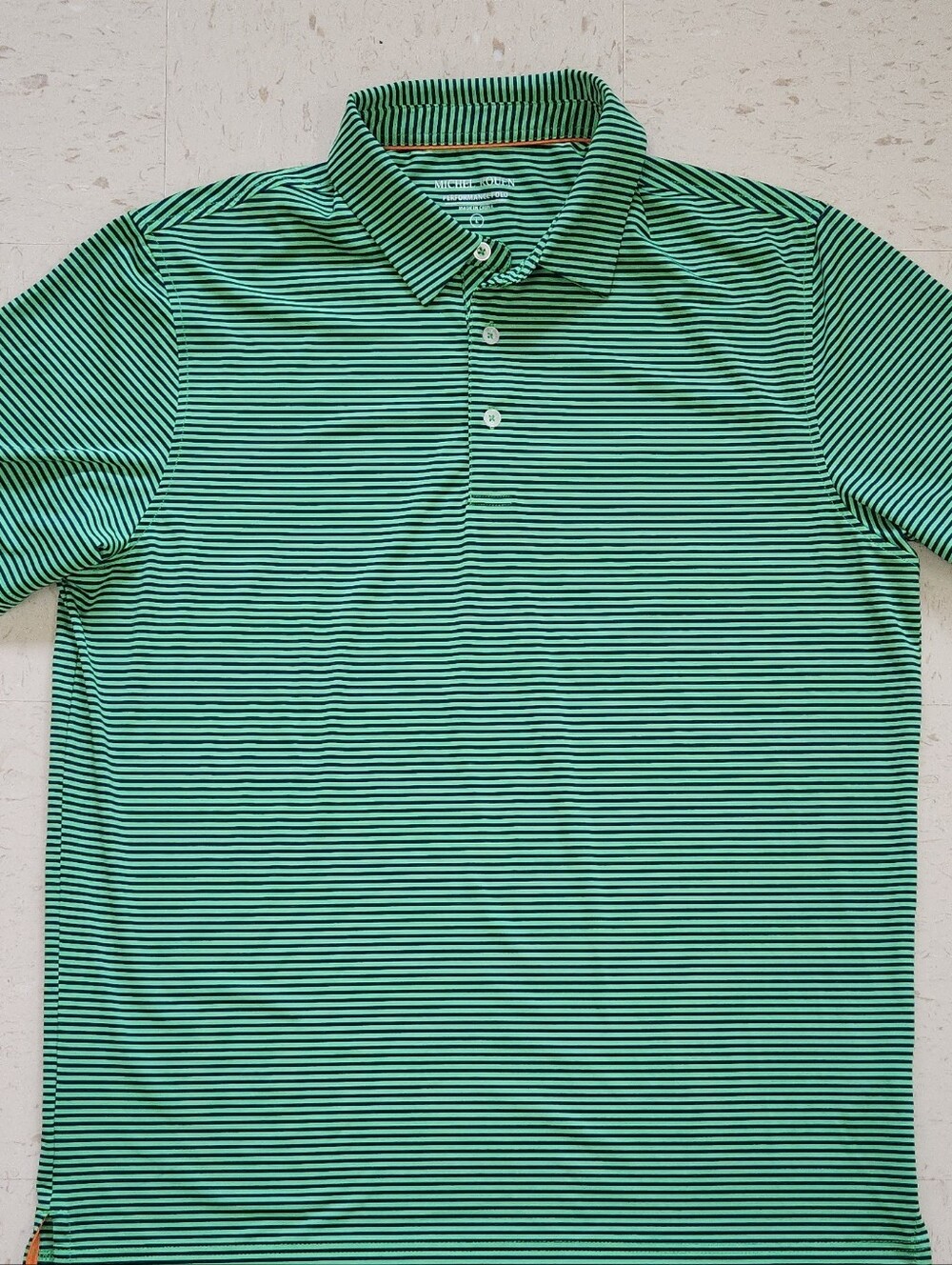 Michel Rouen Performance Golf Polo Men's Size Large Green Navy Stripes Stretch